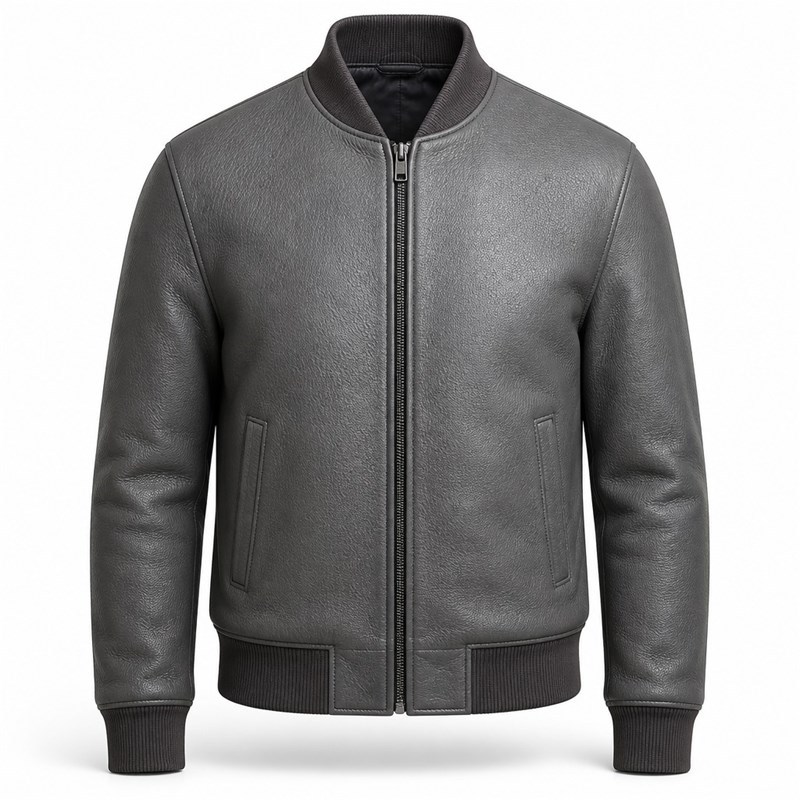 Men's Carbon Rock Grey Tailored Leather Bomber Jacket, Ukrainian Cut