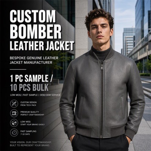 Men's Carbon Rock Grey Tailored Leather Bomber Jacket, Ukrainian Cut