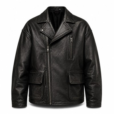 Men's Matte Black Oversized Biker Leather Jacket, Plain Polish Cut