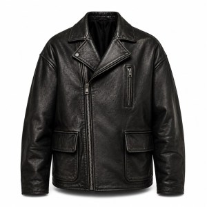 Men's Matte Black Oversized Biker Leather Jacket, Plain Polish Cut