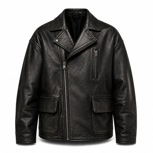 Men's Matte Black Oversized Biker Leather Jacket, Plain Polish Cut