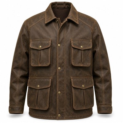 Men's Hunter Brown Leather Jacket with Multi Pocket Detail, Polish Cut