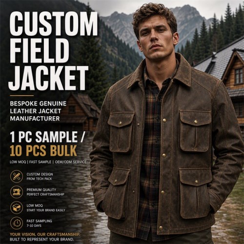 Men's Hunter Brown Leather Jacket with Multi Pocket Detail, Polish Cut