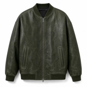 Men's Forest Green Mid Length Leather Bomber Jacket, Polish Cut