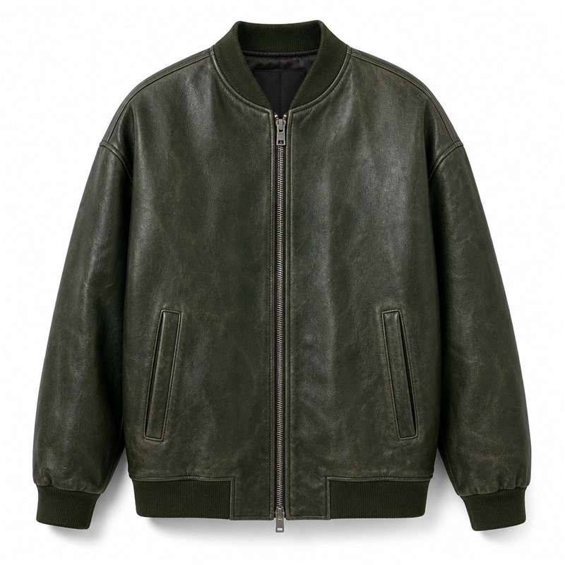 Men's Forest Green Mid Length Leather Bomber Jacket, Polish Cut