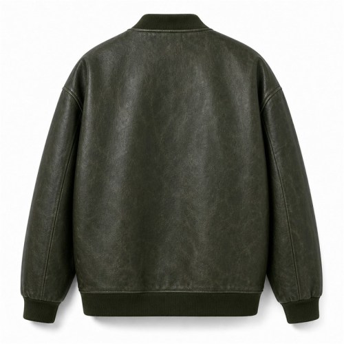 Men's Forest Green Mid Length Leather Bomber Jacket, Polish Cut