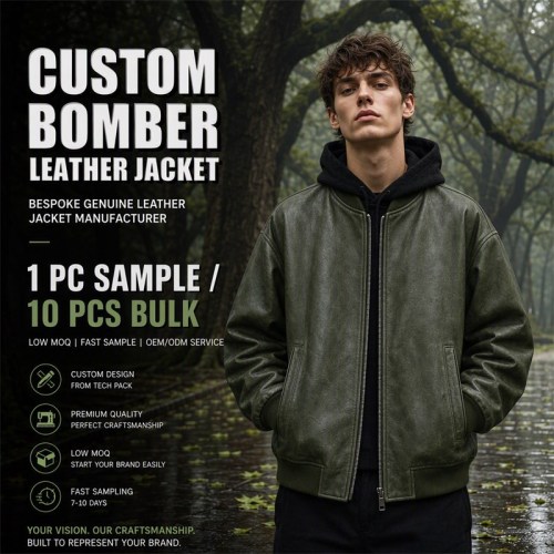 Men's Forest Green Mid Length Leather Bomber Jacket, Polish Cut