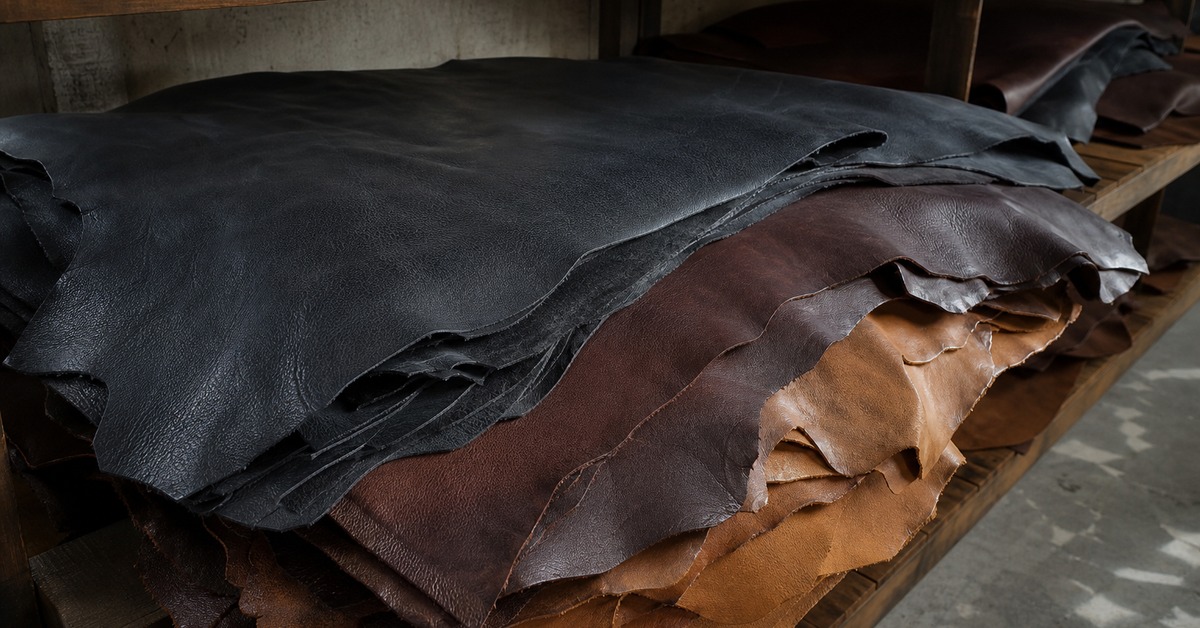 Stacked full-grain leather hides on a tannery rack awaiting leather jacket production