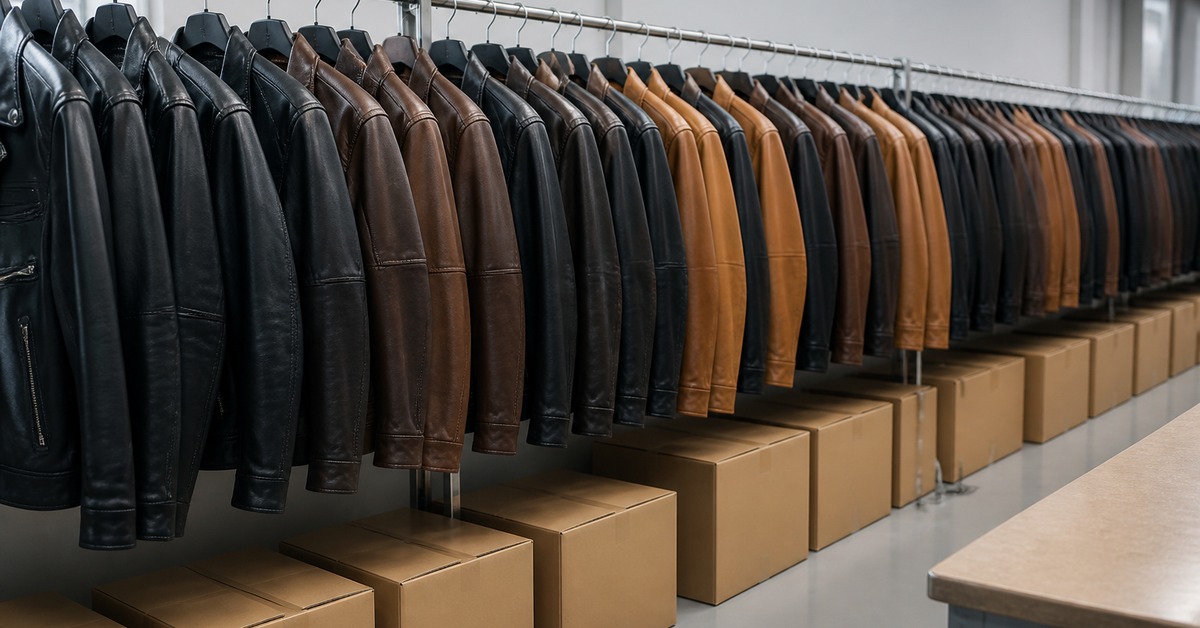 Rows of finished men's leather jackets on a garment factory rail ready for packing