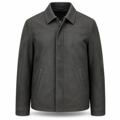 Men's Anthracite Grey Business Cowhide Leather Jacket, Polish Cut