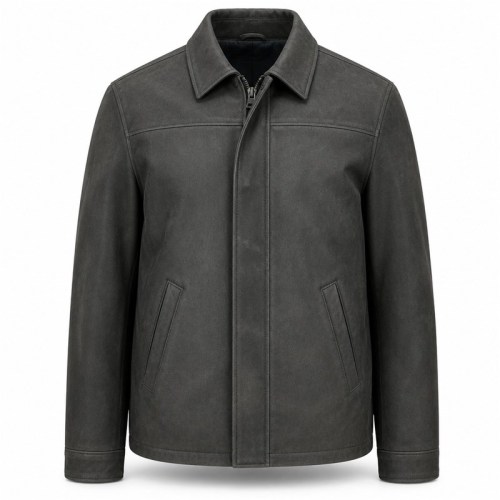 Men's Anthracite Grey Business Cowhide Leather Jacket, Polish Cut