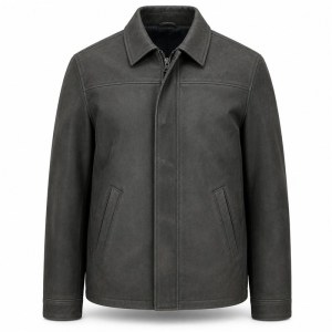 Men's Anthracite Grey Business Cowhide Leather Jacket, Polish Cut