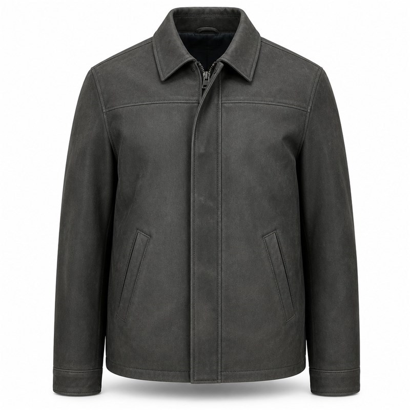 Men's Anthracite Grey Business Cowhide Leather Jacket, Polish Cut