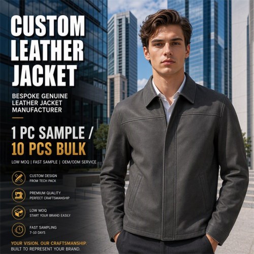 Men's Anthracite Grey Business Cowhide Leather Jacket, Polish Cut
