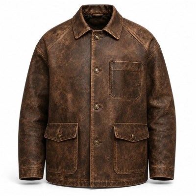 Men's Earth Brown Distressed Leather Jacket, Workwear Polish Cut