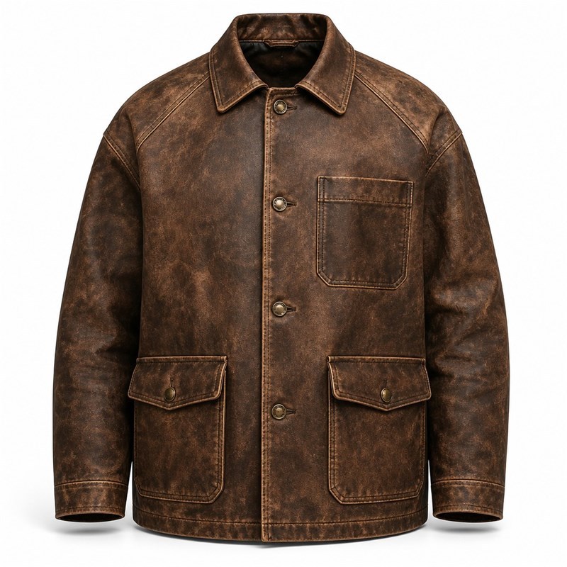 Men's Earth Brown Distressed Leather Jacket, Workwear Polish Cut
