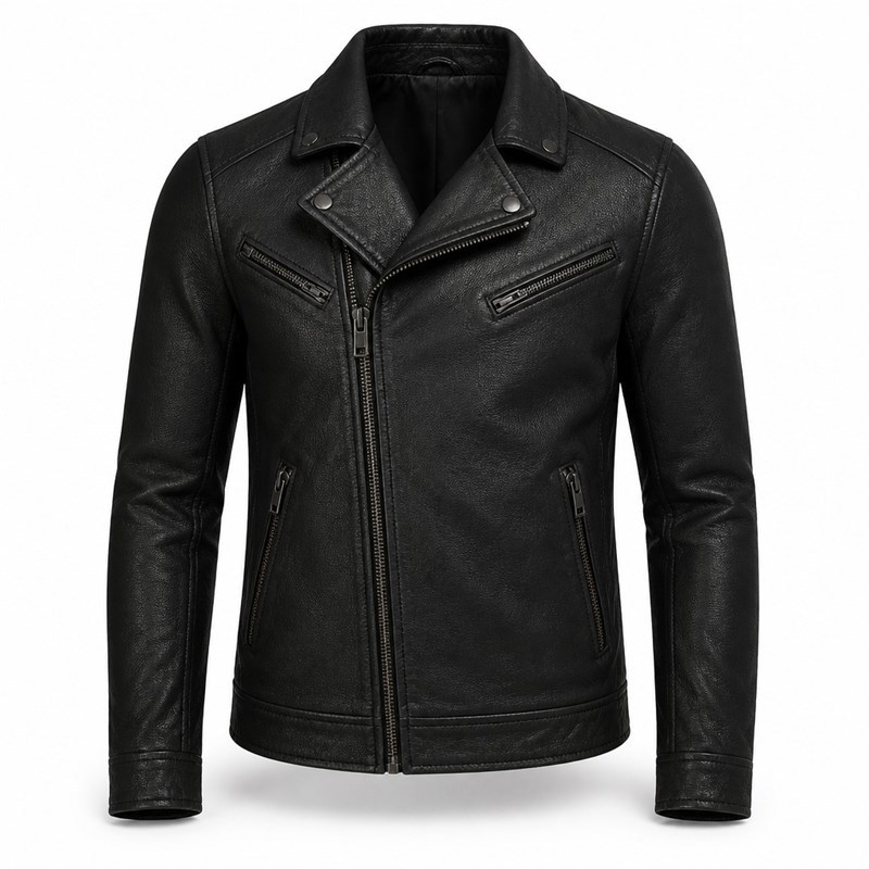 Men's Matte Black Biker Leather Jacket, Plain Czech Biker Cut