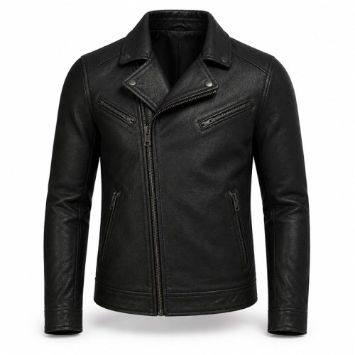 Men's Matte Black Biker Leather Jacket, Plain Czech Biker Cut