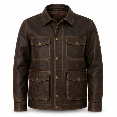 Men's Coffee Oil Wax Leather Jacket, Utility Plain Czech Cut