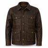 Men's Coffee Oil Wax Leather Jacket, Utility Plain Czech Cut