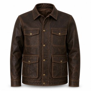 Men's Coffee Oil Wax Leather Jacket, Utility Plain Czech Cut