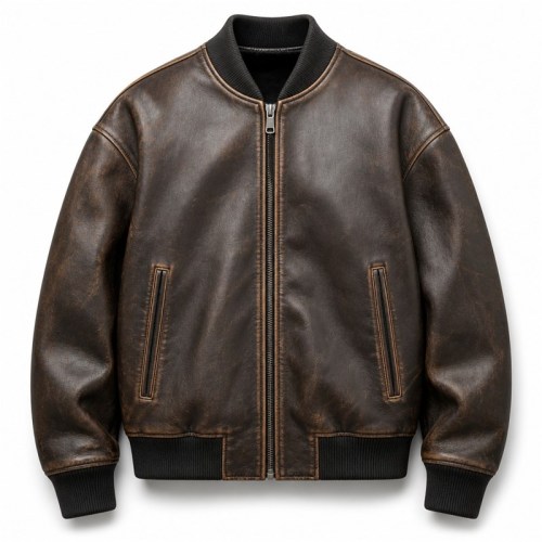 Men's Tea Core Brown Leather Bomber Jacket, Plain Czech Bomber Cut