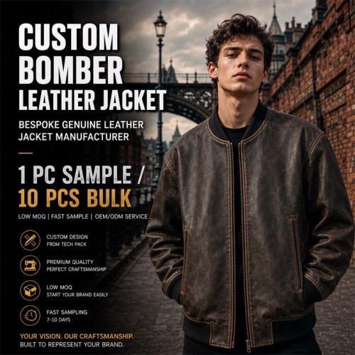 Men's Tea Core Brown Leather Bomber Jacket, Plain Czech Bomber Cut