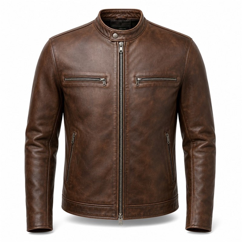 Men's Walnut Brown Cafe Racer Leather Jacket, Plain Czech Cut