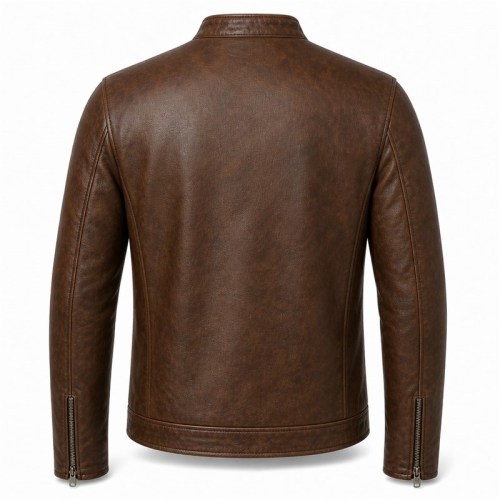 Men's Walnut Brown Cafe Racer Leather Jacket, Plain Czech Cut