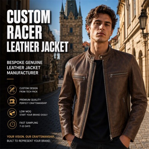 Men's Walnut Brown Cafe Racer Leather Jacket, Plain Czech Cut