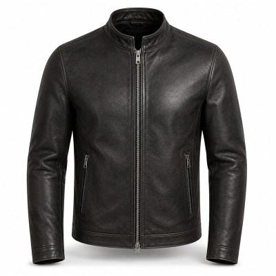 Men's Charcoal Black Urban Racer Leather Jacket, Plain Slovak Cut