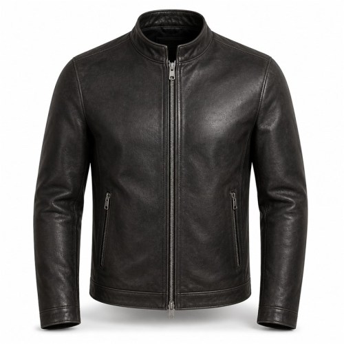 Men's Charcoal Black Urban Racer Leather Jacket, Plain Slovak Cut