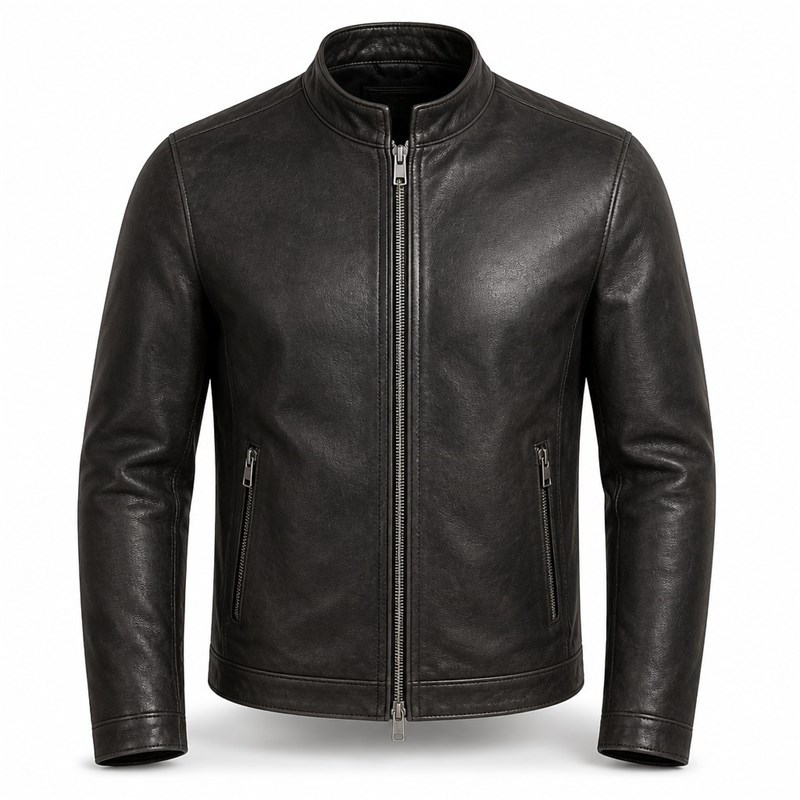 Men's Charcoal Black Urban Racer Leather Jacket, Plain Slovak Cut