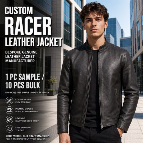 Men's Charcoal Black Urban Racer Leather Jacket, Plain Slovak Cut