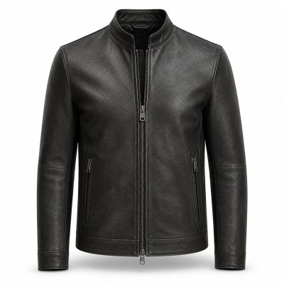 Men's Black Modern Alpine Commuter Leather Jacket, Plain Austrian Cut