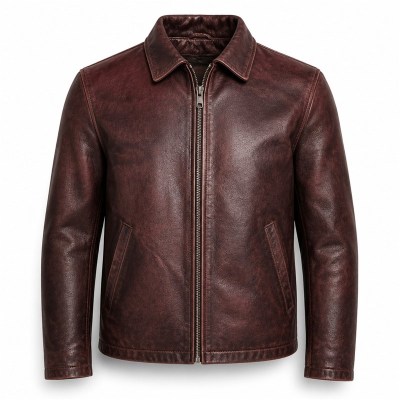 Men's Wine Red Brown Vintage Leather Jacket, Plain Hungarian Cut
