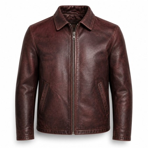 Men's Wine Red Brown Vintage Leather Jacket, Plain Hungarian Cut