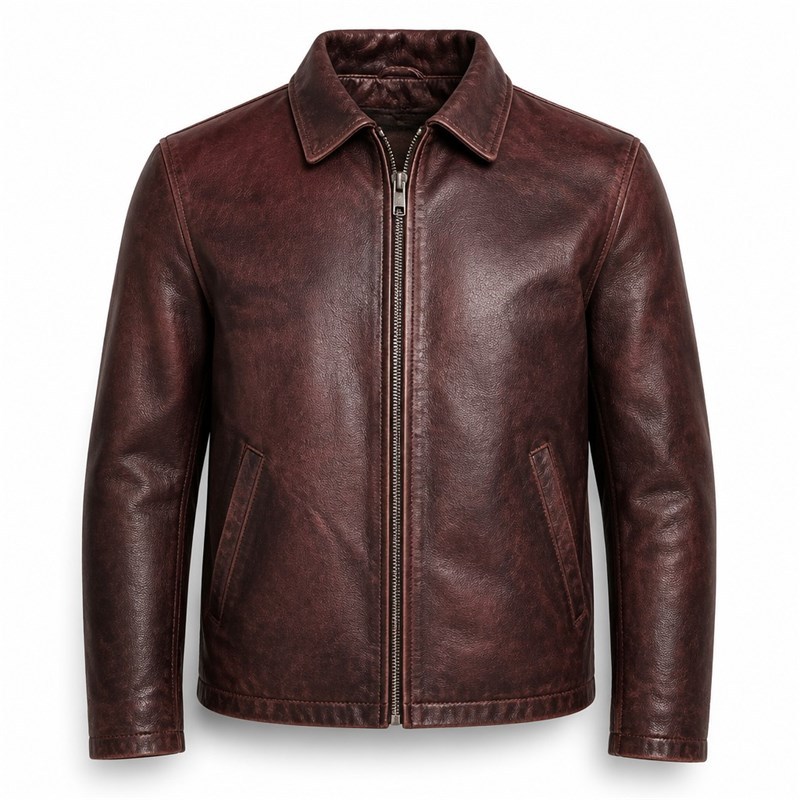 Men's Wine Red Brown Vintage Leather Jacket, Plain Hungarian Cut