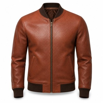 Men's Terracotta Brown Tailored Leather Bomber Jacket, Hungarian Cut
