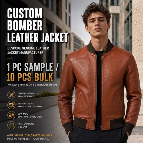 Men's Terracotta Brown Tailored Leather Bomber Jacket, Hungarian Cut