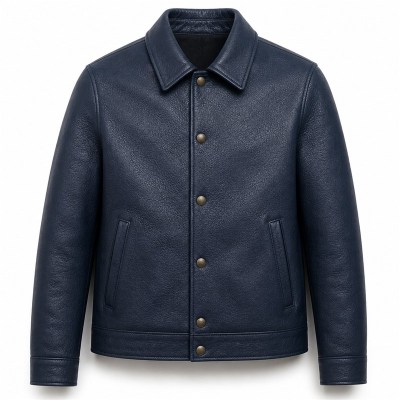 Men's Night Sky Blue Button Leather Jacket, Plain Hungarian Cut