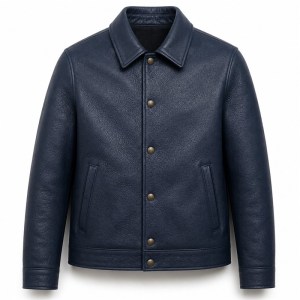 Men's Night Sky Blue Button Leather Jacket, Plain Hungarian Cut