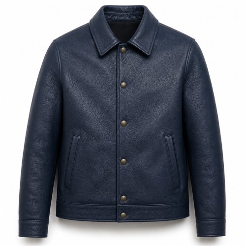 Men's Night Sky Blue Button Leather Jacket, Plain Hungarian Cut
