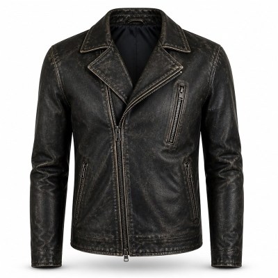 Men's Matte Black Distressed Biker Leather Jacket, Plain Spanish Cut