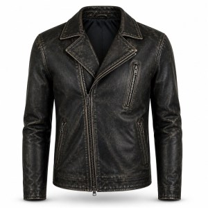 Men's Matte Black Distressed Biker Leather Jacket, Plain Spanish Cut
