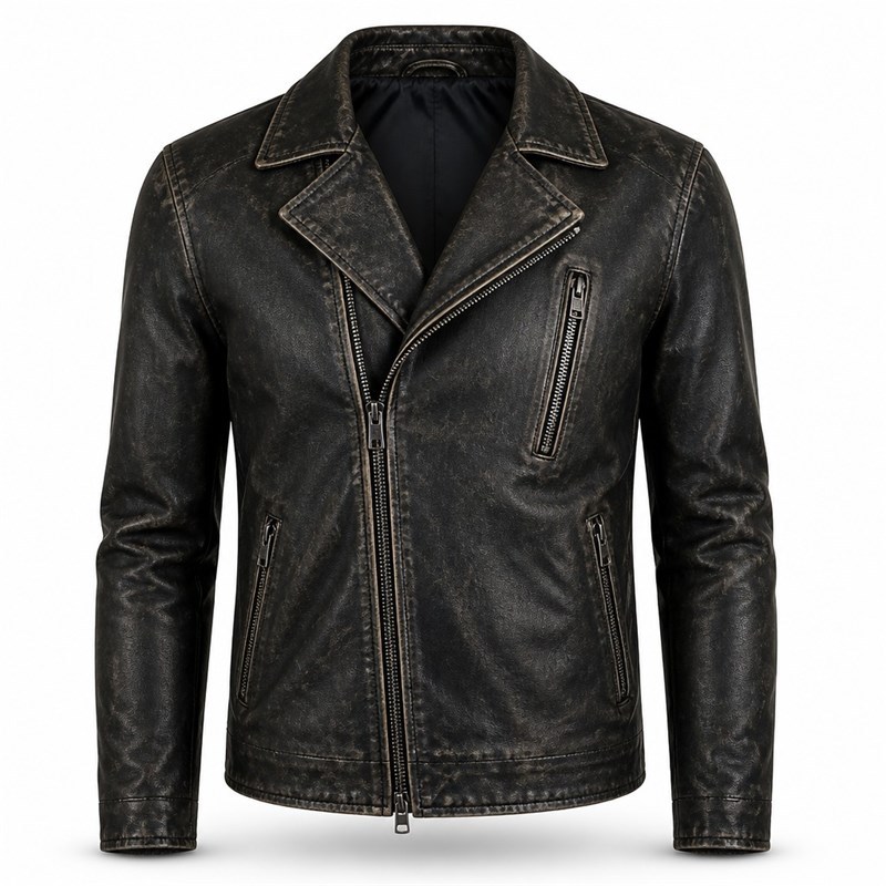 Men's Matte Black Distressed Biker Leather Jacket, Plain Spanish Cut
