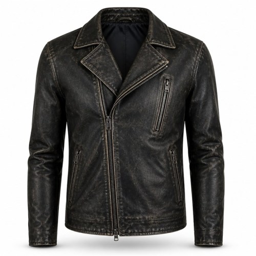Men's Matte Black Distressed Biker Leather Jacket, Plain Spanish Cut