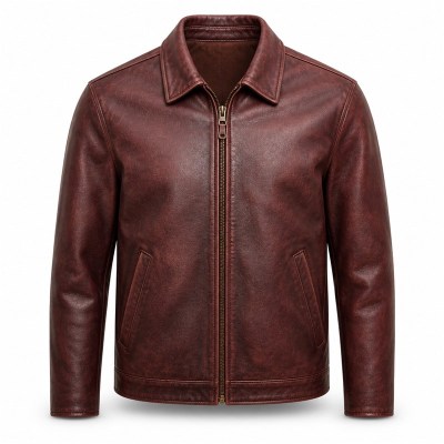 Men's Deep Wine Red Brown Retro Leather Jacket, Plain Spanish Cut