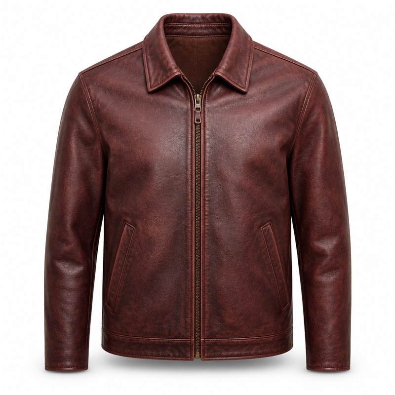 Men's Deep Wine Red Brown Retro Leather Jacket, Plain Spanish Cut