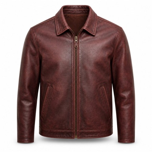 Men's Deep Wine Red Brown Retro Leather Jacket, Plain Spanish Cut